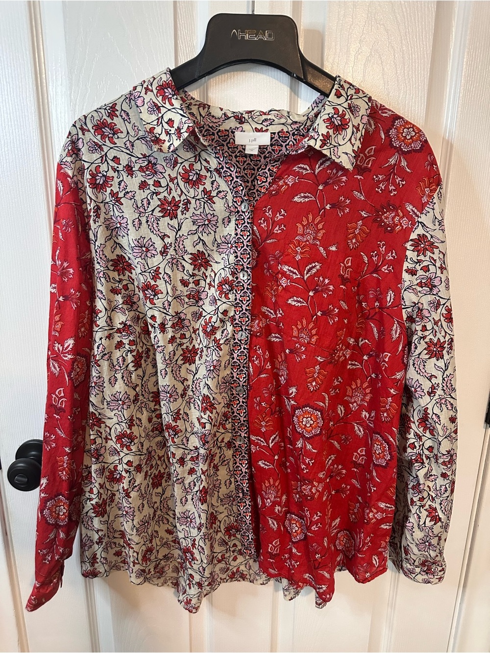 J. Jill Red and White Floral Split-Print Blouse - Picture 2 of 8